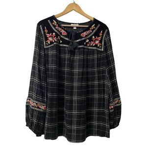 Style & Co Womens Floral Embroidered Velvet Trim Peasant Top Size XL Black Plaid